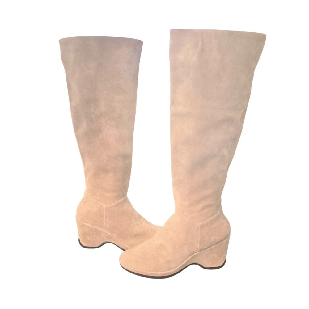 L'amour Des Pieds Odalys Boots Womens 7.5 Tan Suede Leather Tall Wedge Zip NEW